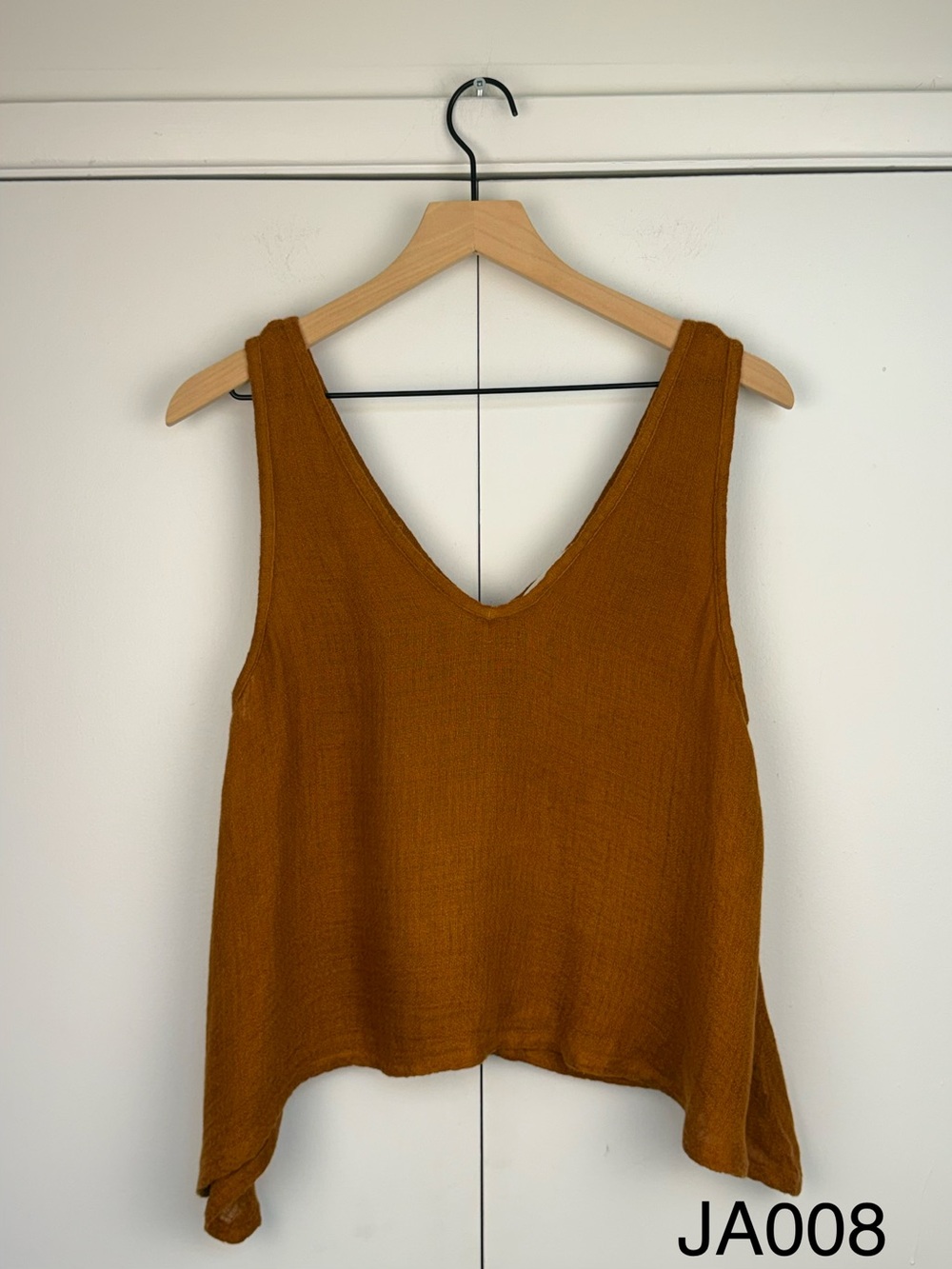 LACAUSA Rust 100% Linen Draped V-Neck Tank Top S
